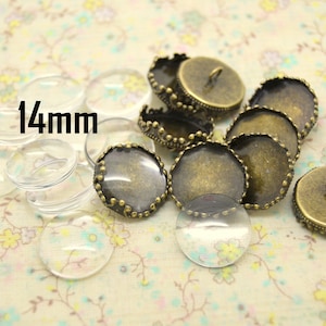 2 ou 10 boutons ou pendentifs, en métal ton bronze, avec cabochons en verre, plateau rond, 14mm, base support Lot de 10