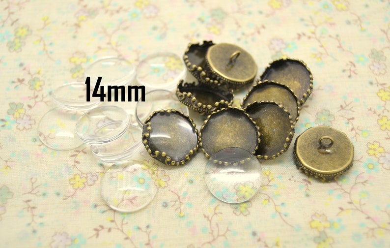 2 ou 10 boutons ou pendentifs, en métal ton bronze, avec cabochons en verre, plateau rond, 14mm, base support Lot de 10