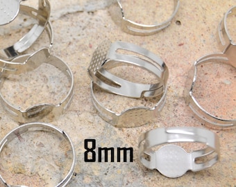 10, 50 or 100 adjustable rings, silver metal, round top 8mm, sieve, for fimo