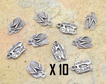 10 flip-flop charm, summer shoe, ocean sea beach, love text, word message, silver metal