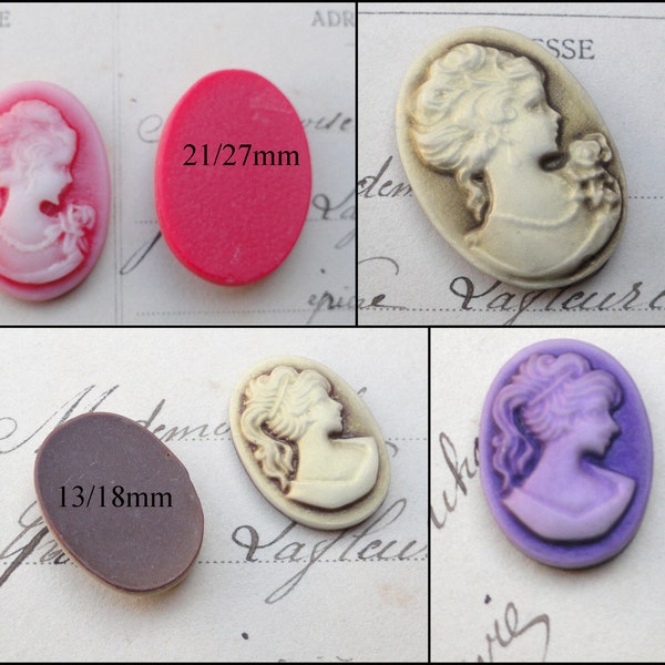 1 ou 4 cabochons camée, femme, violet écru ou rose, en résine, forme ovale