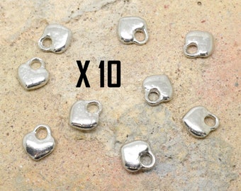 10 heart charms, love, silver metal