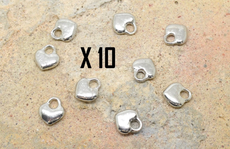 10 heart charms, love, silver metal image 1