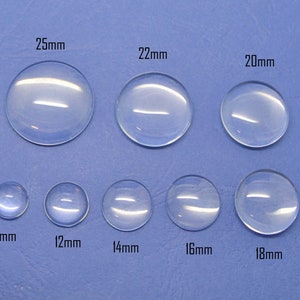 10 cabochons, verre transprent, rond bombé, 10mm à 25mm