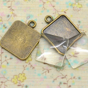 10 square pendants, support base, top, metal bronze tone, with cabochon curved glass, square 15 mm image 2