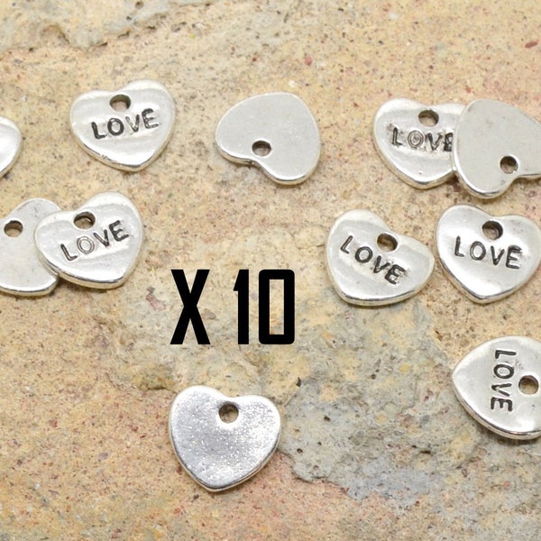 10 breloques coeur, mot message texte, love amour, en métal argenté