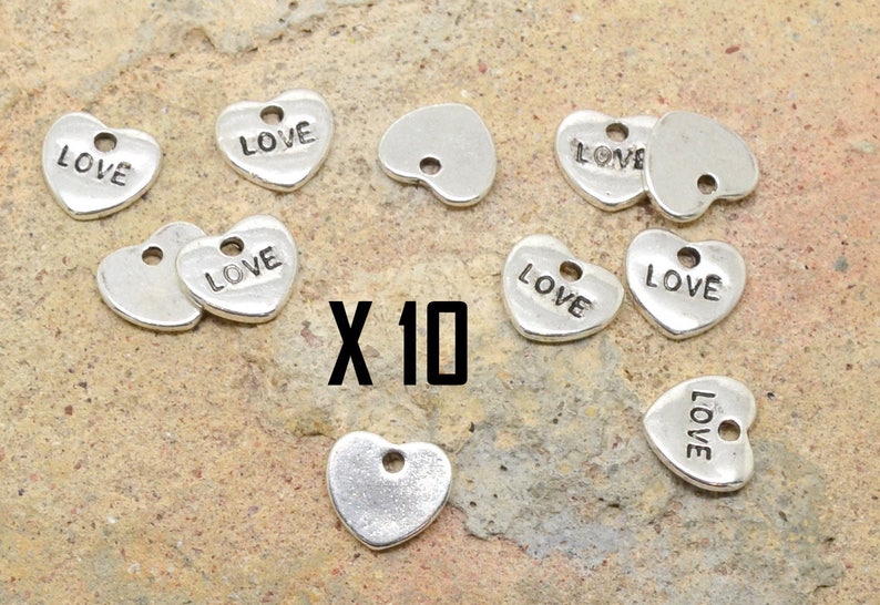 10 breloques coeur, mot message texte, love amour, en métal argenté image 1