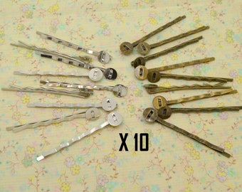 10 bars, hairpin, hairstyle, round top 8mm, bronze or silver metal, support base, for cabochon