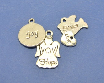10 charms with message, bird, heart, angel, silver metal