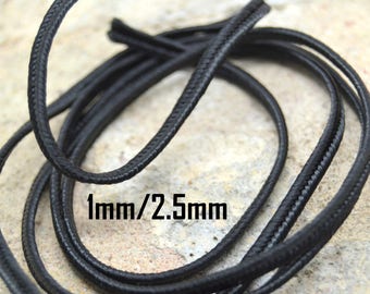 1 or 10 meters, rope cord, braided, nylon black cord, 1 mm / 2.5 mm