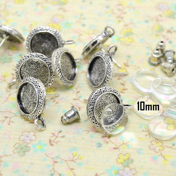 10 boucles d'oreilles, support plateau, tige puce, métal argenté, cabochon verre, rond 10mm