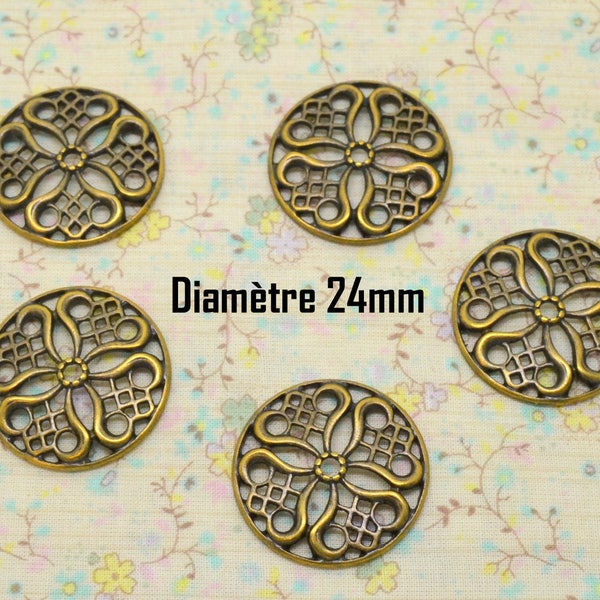 5 connecteurs cabochon rond, en métal bronze, estampe fleur, diamètre 24mm