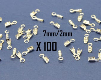 100 embouts de finition, pince ruban, pour fil cordon ou lacet fin, en métal argenté, 7mm/2mm