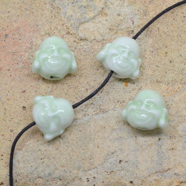 4 perles en porcelaine, tête de bouddha, vert pâle, asie