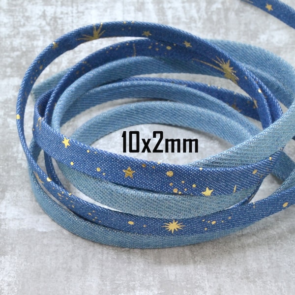 1 mètre, cordon plat, lacet, jean denim, en coton, bleu, doré or pailletté, paillettes, 10mm/2mm