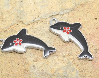2 charms orca, dolphin child, sea ocean, enamelled, silver metal