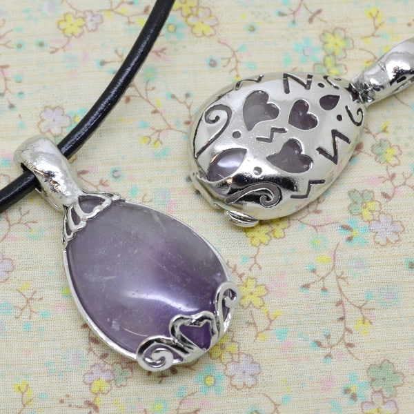 1 pendentif amethyste, forme goutte, en métal argenté, pierre precieuse, fine gemme, violet mauve