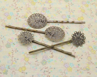 10 barrettes, hairpins, hair accessories, stamped, oval or round holder, in bronze metal