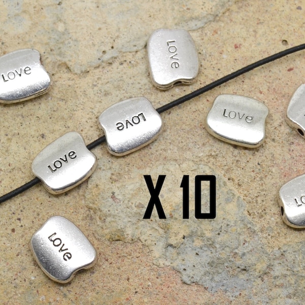 10 Perlen Kiesel Liebe, Puck, mit Wort Textnachricht, Liebe, Silber Metall