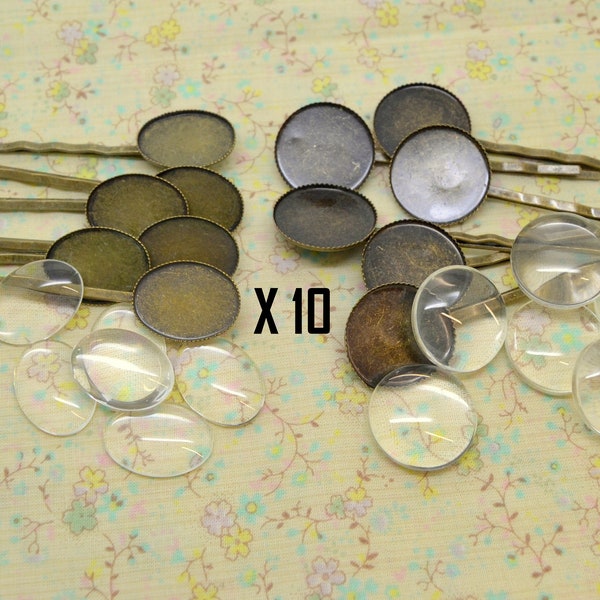 10 barrettes, épingle a cheveux, coiffure, en métal bronze, avec cabochon en verre, rond ou ovale