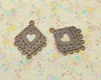 2 connectors for chandelier, diamond-shaped, bronze, heart love, for pierced ears