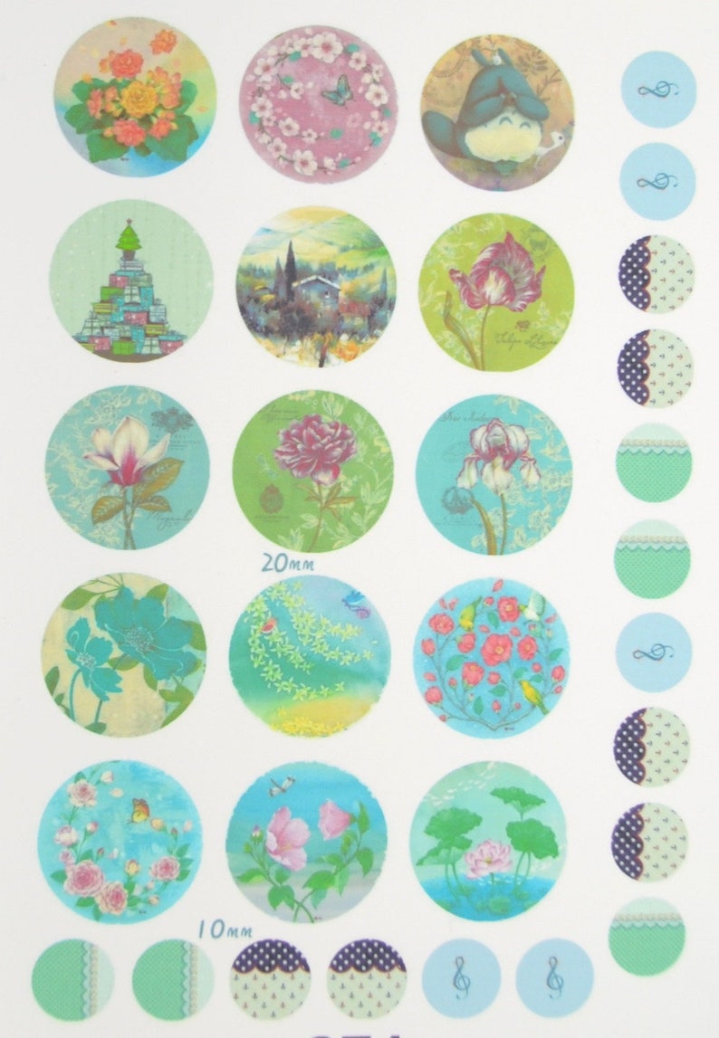 Planche images imprimées, papier à découper, pour cabochon rond 10 mm 14 mm ou 20 mm Asie