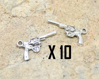 10 pistol, revolver American, western, silver plated charms