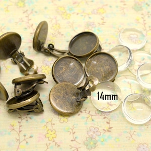 10, clip earrings clip holder base, bronze metal, glass, round tray, 14mm cabochons