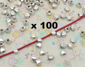 20 ou 100 perles coeur, en métal argenté, trou 1mm