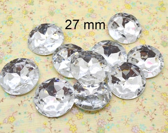 20 cabochons strass blanc, cristal facetté, cone conique, rond 27mm