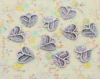 10 heart charms, Angel Wings, bird feather, silver, 13mm / 13mm