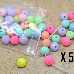 Assortiment 50 perles, pour collier ou bracelet, enfant, rond 8mm, multicolore pastel, bubblegum image 1