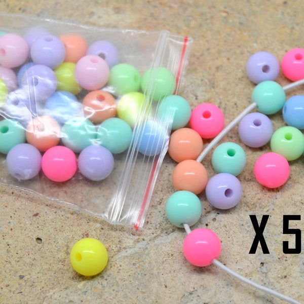 Assortiment 50 perles, pour collier ou bracelet, enfant, rond 8mm, multicolore pastel, bubblegum