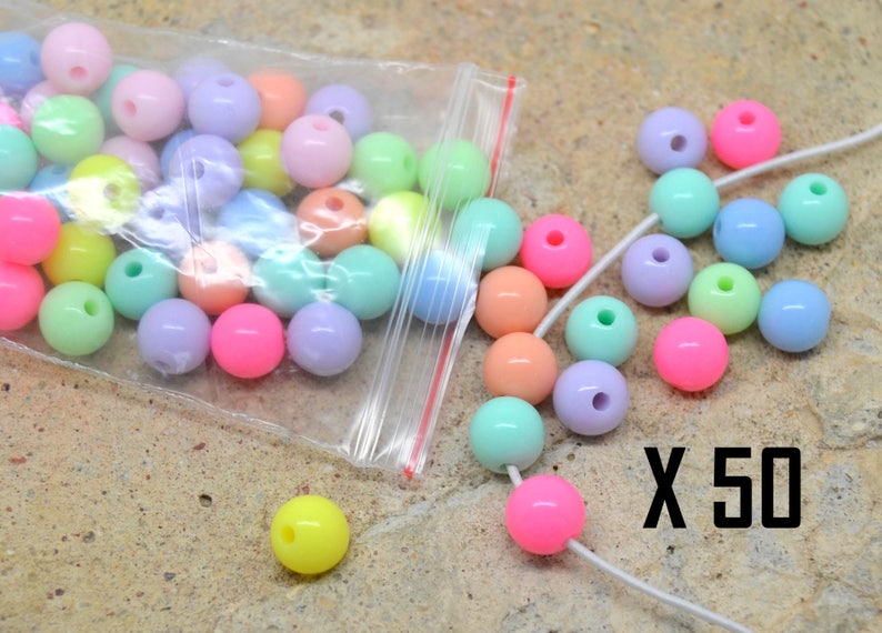 Assortiment 50 perles, pour collier ou bracelet, enfant, rond 8mm, multicolore pastel, bubblegum image 1