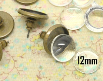 10 earrings, base support, in bronze tone metal, stem chip type, with glass cabochon, 12mm round tray