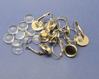10 boucles d oreilles, cabochon verre, support base, dormeuse, en métal ton argenté , plateau rond 10mm ou 12mm