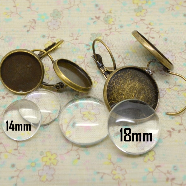 10 supports boucle d'oreille, plateau base, dormeuse, en métal ton bronze, avec cabochon verre, rond 14mm ou 18mm