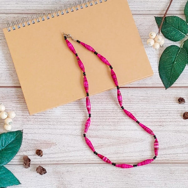 Minimalist Hot Pink Fuchsia and Black Beaded Necklace - Handmade Jewelry with Sustainable Paper Beads - Fun Birthday Gift for Her