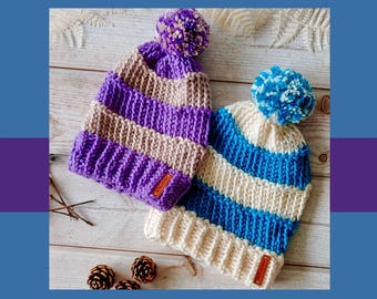 Handgefertigte Grobstrick Beanie – Gestreifte Wintermütze mit Bommel – Erwachsene M/L