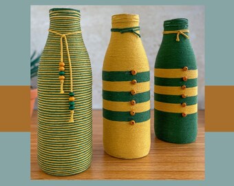 Upcycled Yarn Wraped Flasche Vasen-Set - Handgefertigtes Cottagecore-Dekor