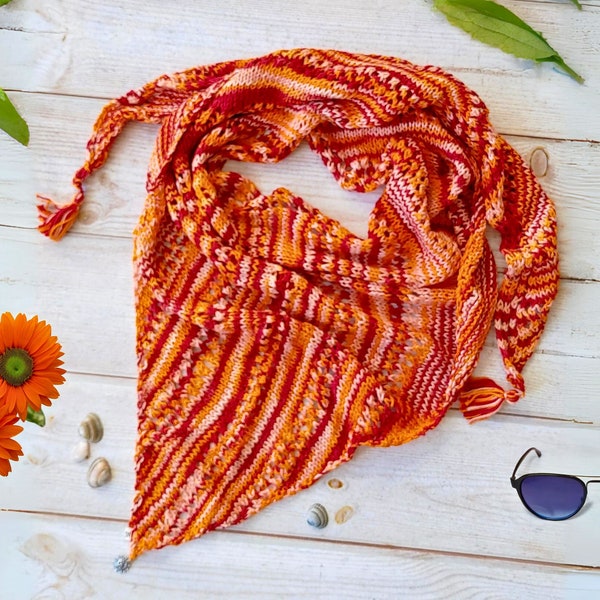 Rusty Orange Cotton Triangle Knit Shawl with Metal Sun Charm - Handmade Triangular Tassel Shawl in Soft Openwork Lace for Summer
