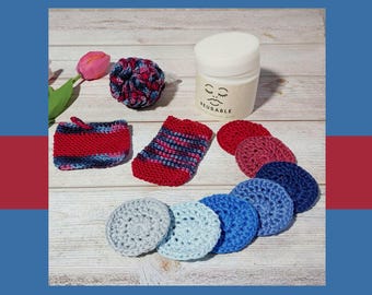 Wiederverwendbare Gesichtspads Set mit gehäkelten Seifensäckchen und Duschhocker, Badeutensilien aus Baumwolle