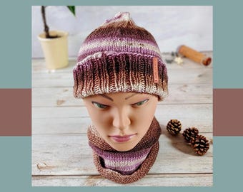Beanie und Schal im Set - handgefertigte Acryl Wintermütze & Halswärmer in braun gestreift