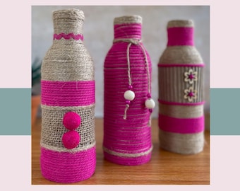 Boho Upcycled Glasflaschen Set - Fuchsia Makramee & Burlap Vasen