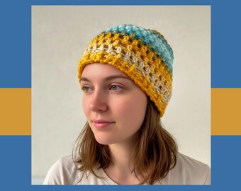Gehäkelte Wintermütze aus Acryl in Gelb und Blau für Erwachsene 53–56 cm
