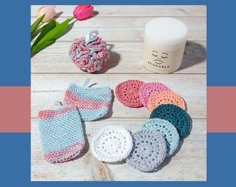 Gehäkelte Baumwolle Selbstpflege-Set, wiederverwendbare Pastell-Gesichtspads, Seifensparer