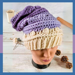 Funky colour-blocked slouchy kachelpijphoed | Handgemaakte gehaakte steampunk-tophoed voor de winter | Hoge wollen beanie met gestructureerde rand