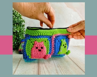 Gehäkelte Katze Reißverschlusstasche - Bunte handgemachte Geldbörse, Make-up-Tasche