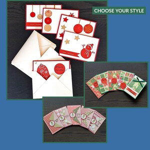 Puede incluir: Una colección de tarjetas de felicitación rectangulares con motivos navideños, incluyendo adornos rojos y dorados, estrellas y un muñeco de nieve. Algunas tarjetas se muestran con sobres color crema. El texto CHOOSE YOUR STYLE es visible.