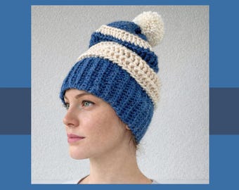 Blau gestreifte häkeln Wintermütze mit Pom Pom, hohe Kronen Beanie